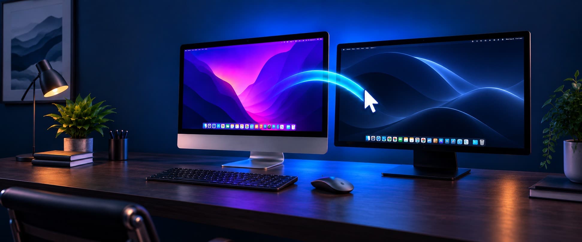 Two computer screens on a desk at night, with a glowing cursor arcing from one screen onto the other.